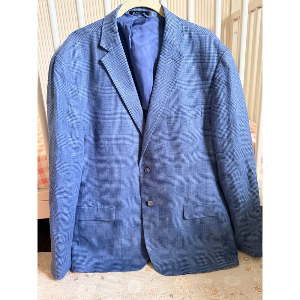 Lauren Ralph Lauren Mens 46R Blue Glen Plaid 100% Linen Sport Coat Blazer